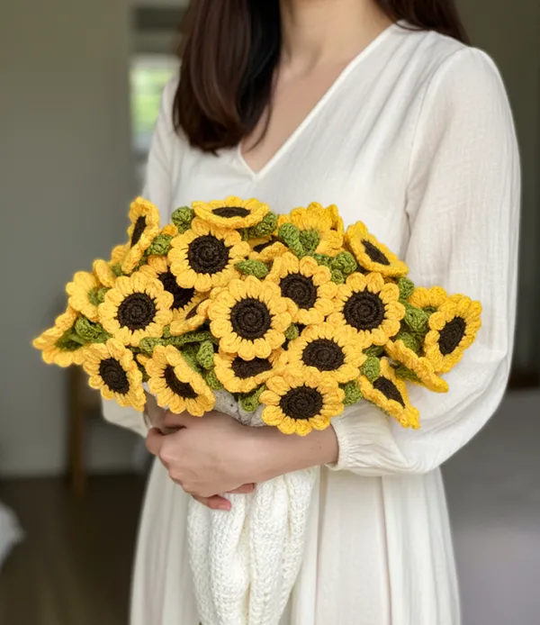 White_With_Yellow_Sun_Flower_Handmade_Premium_Quality_Crochet_Blanket_And_Bouquet(Sunflower)