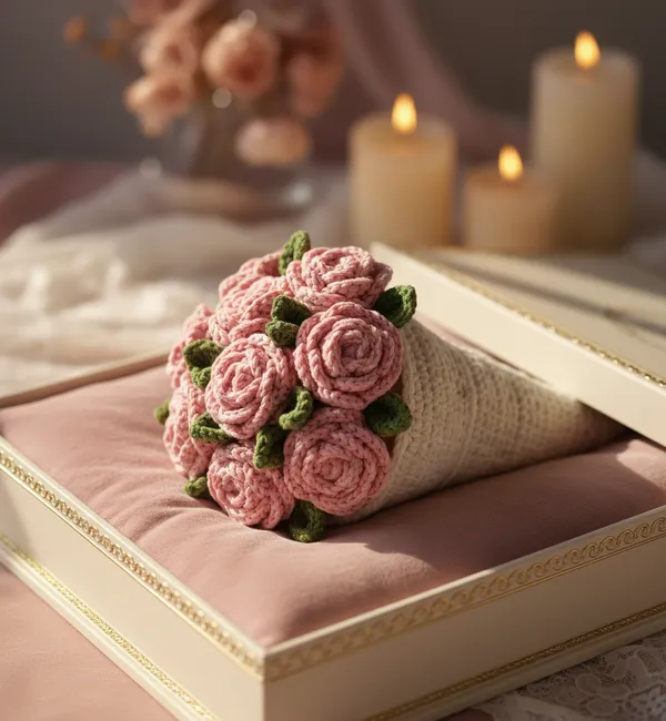 White_With_Pink_Rose_Handmade_Premium_Quality_Crochet_Blanket_And_Bouquet(Pink_Rose)