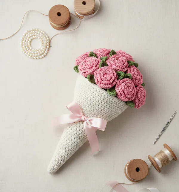 White_With_Pink_Rose_Handmade_Premium_Quality_Crochet_Blanket_And_Bouquet(Pink_Rose)