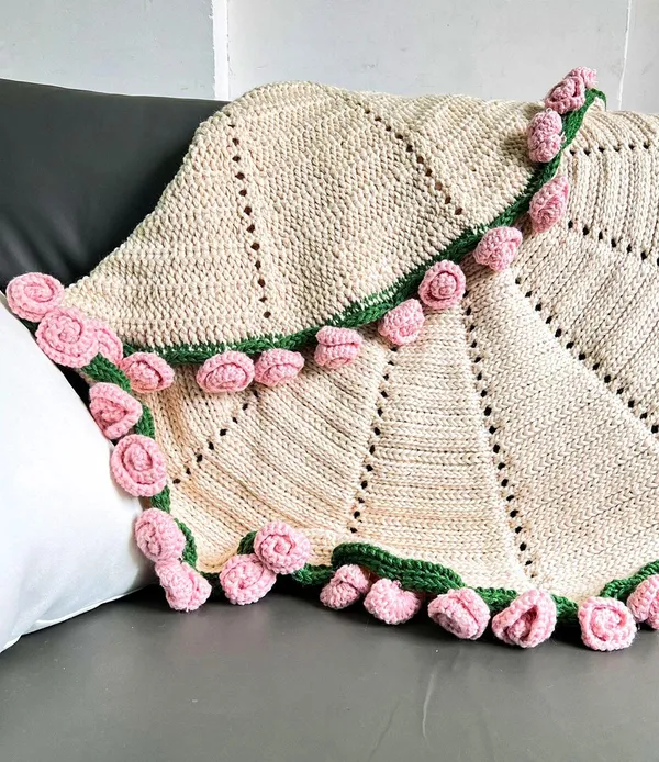 White_With_Pink_Rose_Handmade_Premium_Quality_Crochet_Blanket_And_Bouquet(Pink_Rose)