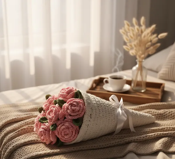 White_With_Pink_Rose_Handmade_Premium_Quality_Crochet_Blanket_And_Bouquet(Pink_Rose)