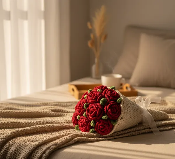 White_With_Red_Rose_Handmade_Premium_Quality_Crochet_Blanket_And_Bouquet(Rose)
