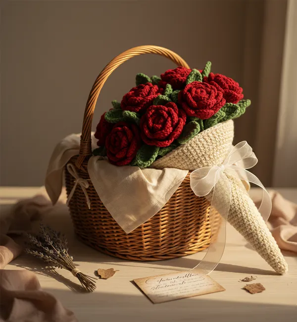 White_With_Red_Rose_Handmade_Premium_Quality_Crochet_Blanket_And_Bouquet(Rose)