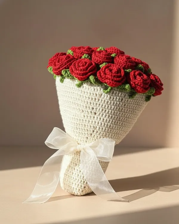 White_With_Red_Rose_Handmade_Premium_Quality_Crochet_Blanket_And_Bouquet(Rose)