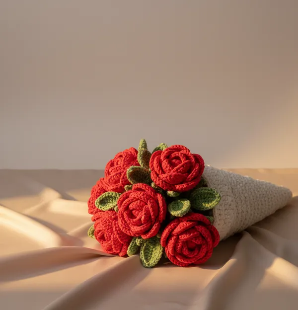 White_With_Red_Rose_Handmade_Premium_Quality_Crochet_Blanket_And_Bouquet(Rose)