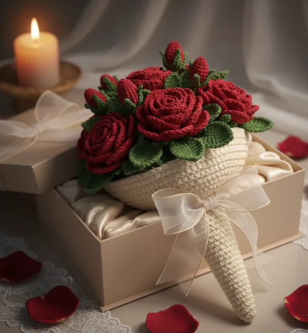 White_With_Red_Rose_Handmade_Premium_Quality_Crochet_Blanket_And_Bouquet(Rose)