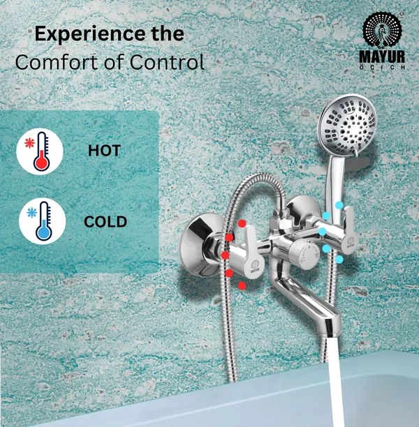 MAYUR_ÖCICH_Brass_Wall_Mixer_Tap_For_Bathroom_With_5-Function_Hand_Shower,_1.5M_Ss_Hose_&_Hook_(Fusion)_|_Chrome_Finish_Hot_&_Cold_Water_Mixer,_Wall_Mounted,_10-Year_Warranty