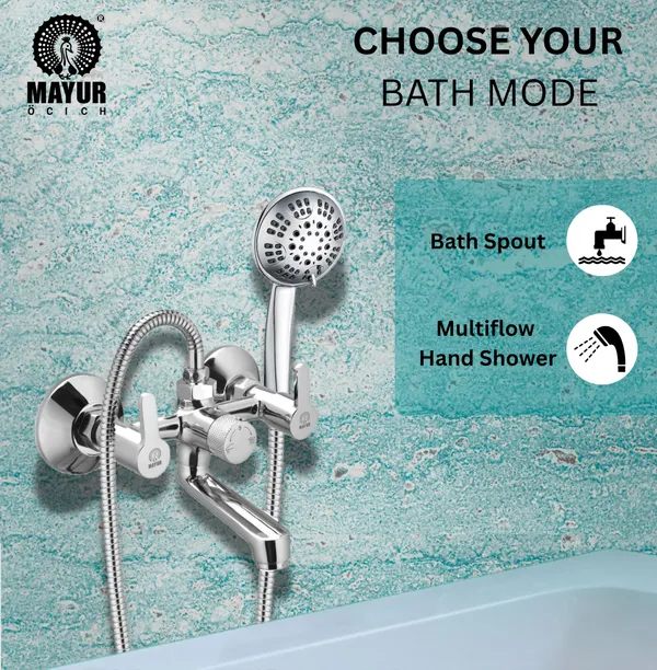MAYUR_ÖCICH_Brass_Wall_Mixer_Tap_For_Bathroom_With_5-Function_Hand_Shower,_1.5M_Ss_Hose_&_Hook_(Fusion)_|_Chrome_Finish_Hot_&_Cold_Water_Mixer,_Wall_Mounted,_10-Year_Warranty