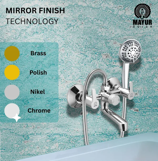 MAYUR_ÖCICH_Brass_Wall_Mixer_Tap_For_Bathroom_With_5-Function_Hand_Shower,_1.5M_Ss_Hose_&_Hook_(Fusion)_|_Chrome_Finish_Hot_&_Cold_Water_Mixer,_Wall_Mounted,_10-Year_Warranty