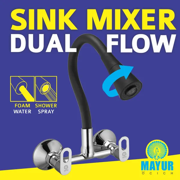 MAYUR_ÖCICH_Brass_Kitchen_Sink_Mixer_Tap_With_Flexible_Dual_Flow_Spout_|_Hot_&_Cold_Wall_Mounted_Faucet_With_360_Swivel_&_Twist_Function_|_Chrome_Finish,_Dual_Handle,_10-Year_Warranty