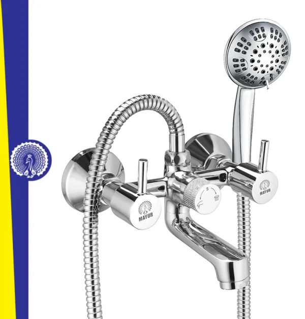 MAYUR_ÖCICH_Brass_Wall_Mixer_Tap_For_Bathroom_With_5-Function_Hand_Shower,_1.5M_Ss_Hose_&_Hook_(FLARE)_|_Chrome_Finish_Hot_&_Cold_Water_Mixer,_Wall_Mounted,_10-Year_Warranty