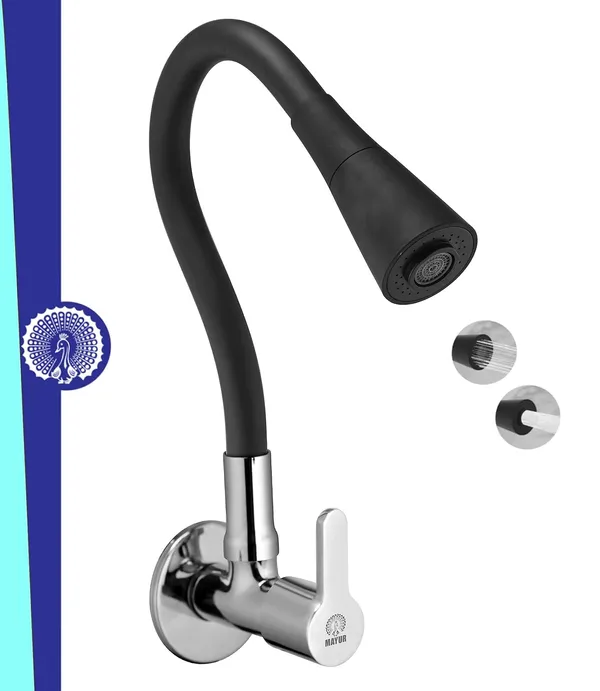MAYUR_ÖCICH_Brass_Kitchen_Sink_Tap_Faucet_With_Flexible_Dual_Flow_Silicone_Spout_|_360_Swivel_|_Chrome_&_Matte_Black_Finish_|_Cold_Water_Wall_Mounted_Faucet_With_Flange_|_10-Year_Warranty_(Fusion)
