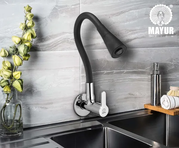 MAYUR_ÖCICH_Brass_Kitchen_Sink_Tap_Faucet_With_Flexible_Dual_Flow_Silicone_Spout_|_360_Swivel_|_Chrome_&_Matte_Black_Finish_|_Cold_Water_Wall_Mounted_Faucet_With_Flange_|_10-Year_Warranty_(Fusion)