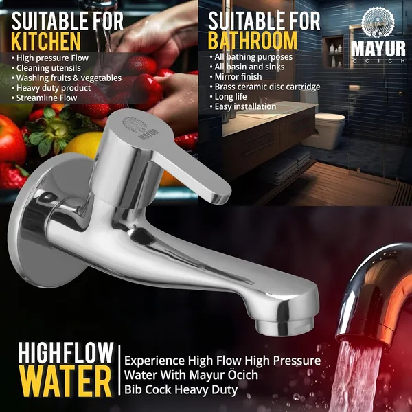 Silver_Brass_Long_Body_Bib_Tap_For_Bathroom_And_Kitchen_With_Wall_Flange_(Fusion-2206)_10_Years_Warranty