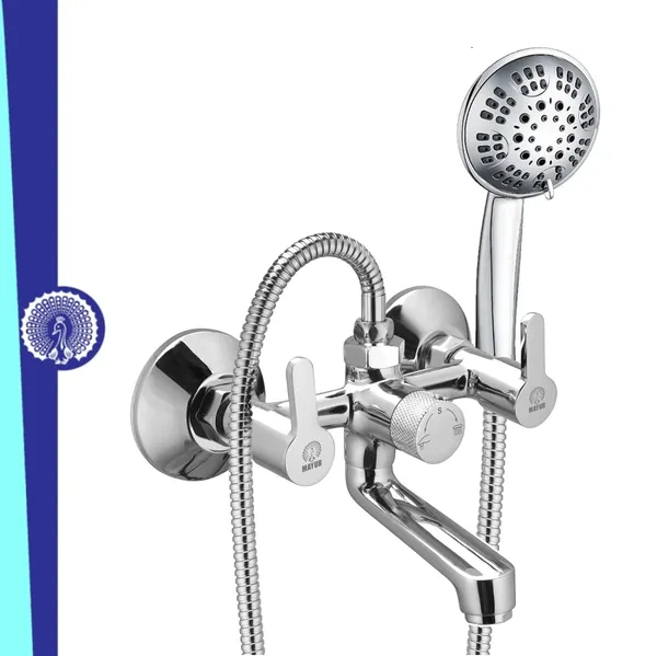 MAYUR_ÖCICH_Brass_Wall_Mixer_Tap_For_Bathroom_With_5-Function_Hand_Shower,_1.5M_Ss_Hose_&_Hook_(Fusion)_|_Chrome_Finish_Hot_&_Cold_Water_Mixer,_Wall_Mounted,_10-Year_Warranty
