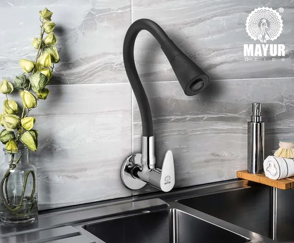 MAYUR_ÖCICH_Brass_Kitchen_Sink_Tap_Faucet_With_Flexible_Dual_Flow_Silicone_Spout_|_360_Swivel_|_Chrome_&_Matte_Black_Finish_|_Cold_Water_Wall_Mounted_Faucet_With_Flange_|_10-Year_Warranty_(TRENDY)