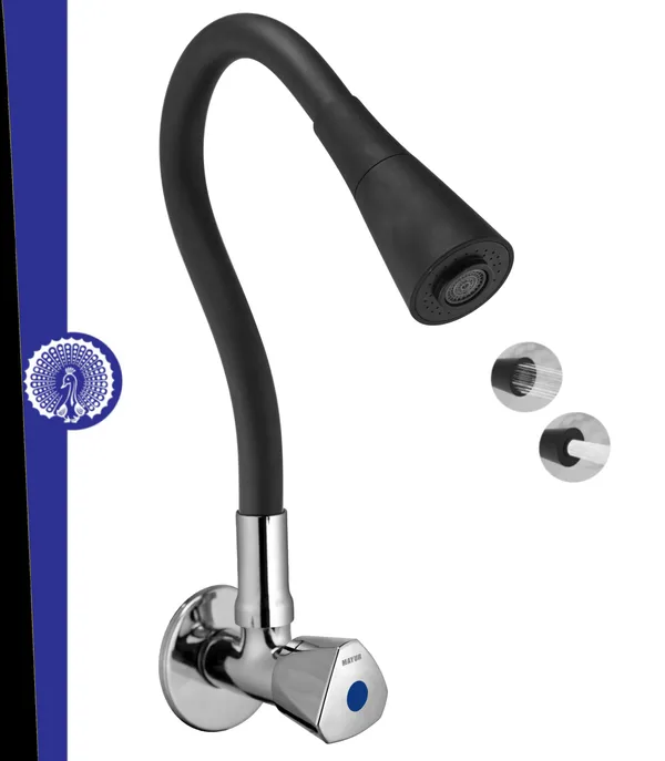 MAYUR_ÖCICH_Brass_Kitchen_Sink_Tap_Faucet_With_Flexible_Dual_Flow_Silicone_Spout_|_360_Swivel_|_Chrome_&_Matte_Black_Finish_|_Cold_Water_Wall_Mounted_Faucet_With_Flange_|_10-Year_Warranty_(TRI)