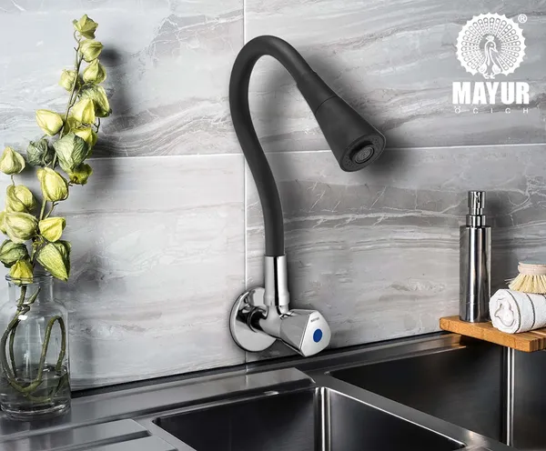 MAYUR_ÖCICH_Brass_Kitchen_Sink_Tap_Faucet_With_Flexible_Dual_Flow_Silicone_Spout_|_360_Swivel_|_Chrome_&_Matte_Black_Finish_|_Cold_Water_Wall_Mounted_Faucet_With_Flange_|_10-Year_Warranty_(TRI)