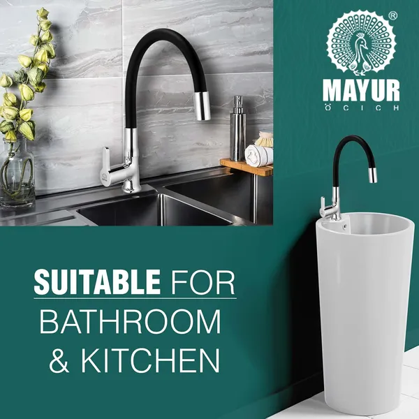 MAYUR_ÖCICH_Brass_Swan_Neck_Kitchen_Sink_Tap_With_Flexible_Silicone_Swivel_Spout_|_360_Rotation_|_Cold_Water_Faucet_|_Chrome_&_Matte_Black_Finish_|_10-Year_Warranty