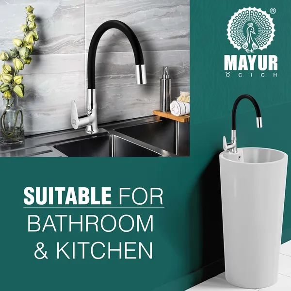 MAYUR_ÖCICH_Brass_Swan_Neck_Kitchen_Sink_Tap_With_Flexible_Silicone_Swivel_Spout_|_360_Rotation_|_Cold_Water_Faucet_|_Chrome_&_Matte_Black_Finish_|_10-Year_Warranty