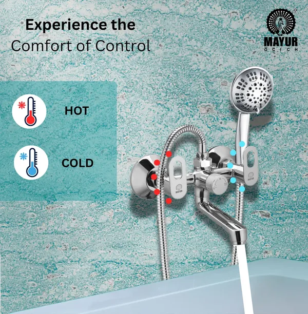 MAYUR_ÖCICH_Brass_Wall_Mixer_Tap_For_Bathroom_With_5-Function_Hand_Shower,_1.5M_Ss_Hose_&_Hook_(MILANO)_|_Chrome_Finish_Hot_&_Cold_Water_Mixer,_Wall_Mounted,_10-Year_Warranty