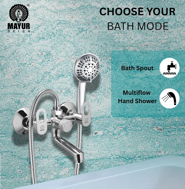 MAYUR_ÖCICH_Brass_Wall_Mixer_Tap_For_Bathroom_With_5-Function_Hand_Shower,_1.5M_Ss_Hose_&_Hook_(MILANO)_|_Chrome_Finish_Hot_&_Cold_Water_Mixer,_Wall_Mounted,_10-Year_Warranty