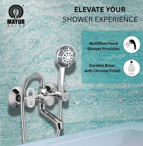 MAYUR_ÖCICH_Brass_Wall_Mixer_Tap_For_Bathroom_With_5-Function_Hand_Shower,_1.5M_Ss_Hose_&_Hook_(MILANO)_|_Chrome_Finish_Hot_&_Cold_Water_Mixer,_Wall_Mounted,_10-Year_Warranty