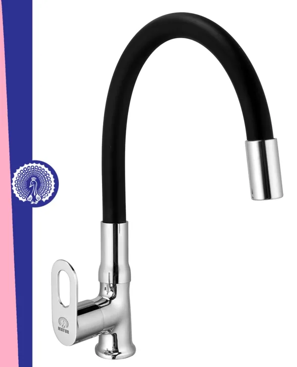 MAYUR_ÖCICH_Brass_Swan_Neck_Kitchen_Sink_Tap_With_Flexible_Silicone_Swivel_Spout_|_360_Rotation_|_Cold_Water_Faucet_|_Chrome_&_Matte_Black_Finish_|_10-Year_Warranty