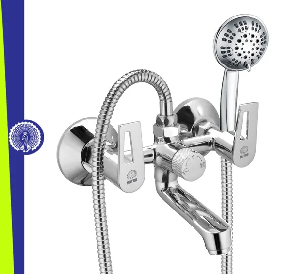 MAYUR_ÖCICH_Brass_Wall_Mixer_Tap_For_Bathroom_With_5-Function_Hand_Shower,_1.5M_Ss_Hose_&_Hook_(ARIA)_|_Chrome_Finish_Hot_&_Cold_Water_Mixer,_Wall_Mounted,_10-Year_Warranty