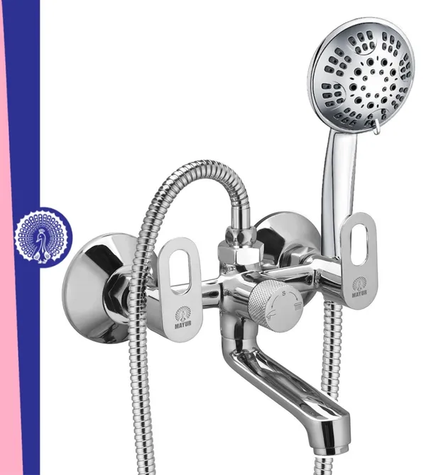 MAYUR_ÖCICH_Brass_Wall_Mixer_Tap_For_Bathroom_With_5-Function_Hand_Shower,_1.5M_Ss_Hose_&_Hook_(MILANO)_|_Chrome_Finish_Hot_&_Cold_Water_Mixer,_Wall_Mounted,_10-Year_Warranty
