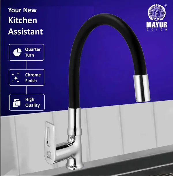 MAYUR_ÖCICH_Brass_Swan_Neck_Kitchen_Sink_Tap_With_Flexible_Silicone_Swivel_Spout_|_360_Rotation_|_Cold_Water_Faucet_|_Chrome_&_Matte_Black_Finish_|_10-Year_Warranty