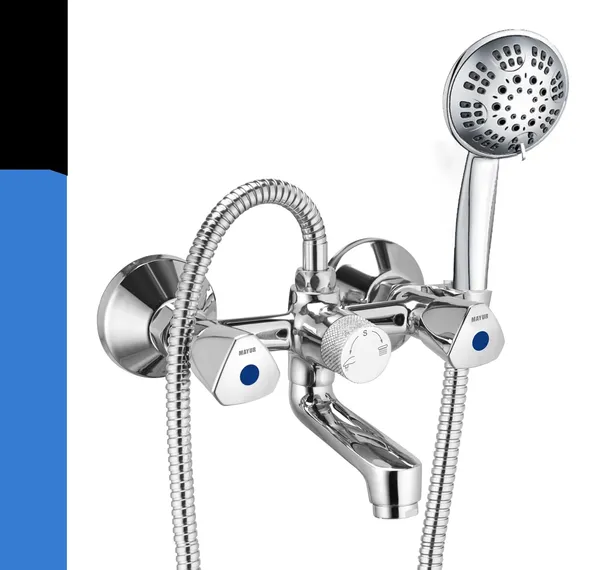 MAYUR_ÖCICH_Brass_Wall_Mixer_Tap_For_Bathroom_With_5-Function_Hand_Shower_1.25M_SS_Hose_&_Hook_|_Chrome_Finish_|_Hot_&_Cold_Water_Mixer_|_Wall_Mounted_|_10-Year_Warranty