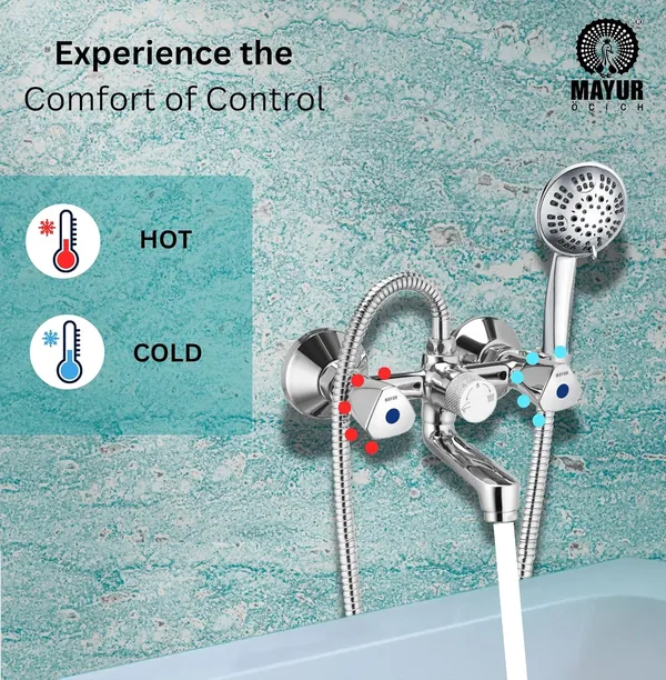 MAYUR_ÖCICH_Brass_Wall_Mixer_Tap_For_Bathroom_With_5-Function_Hand_Shower_1.25M_SS_Hose_&_Hook_|_Chrome_Finish_|_Hot_&_Cold_Water_Mixer_|_Wall_Mounted_|_10-Year_Warranty