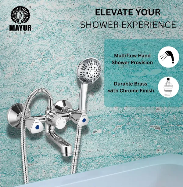 MAYUR_ÖCICH_Brass_Wall_Mixer_Tap_For_Bathroom_With_5-Function_Hand_Shower_1.25M_SS_Hose_&_Hook_|_Chrome_Finish_|_Hot_&_Cold_Water_Mixer_|_Wall_Mounted_|_10-Year_Warranty