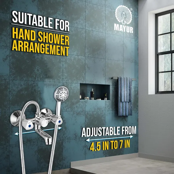 MAYUR_ÖCICH_Brass_Wall_Mixer_Tap_For_Bathroom_With_5-Function_Hand_Shower_1.25M_SS_Hose_&_Hook_|_Chrome_Finish_|_Hot_&_Cold_Water_Mixer_|_Wall_Mounted_|_10-Year_Warranty