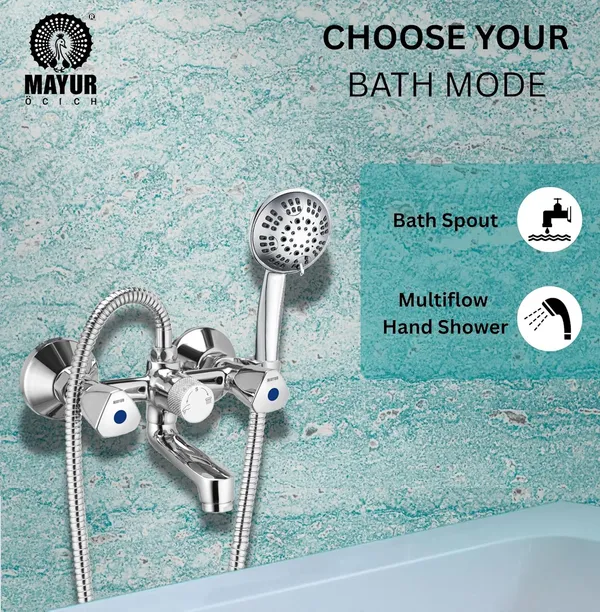 MAYUR_ÖCICH_Brass_Wall_Mixer_Tap_For_Bathroom_With_5-Function_Hand_Shower_1.25M_SS_Hose_&_Hook_|_Chrome_Finish_|_Hot_&_Cold_Water_Mixer_|_Wall_Mounted_|_10-Year_Warranty