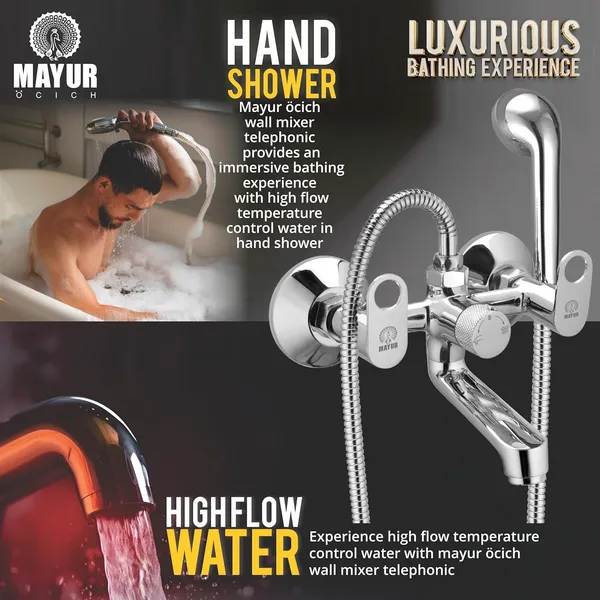 MAYUR_ÖCICH_Brass_Wall_Mixer_Tap_For_Bathroom_With_5-Function_Hand_Shower,_1.5M_Ss_Hose_&_Hook_(ORNIX)_|_Chrome_Finish_Hot_&_Cold_Water_Mixer,_Wall_Mounted,_10-Year_Warranty