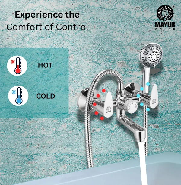 MAYUR_ÖCICH_Brass_Wall_Mixer_Tap_For_Bathroom_With_5-Function_Hand_Shower,_1.5M_Ss_Hose_&_Hook_(Fusion)_|_Chrome_Finish_Hot_&_Cold_Water_Mixer,_Wall_Mounted,_10-Year_Warranty