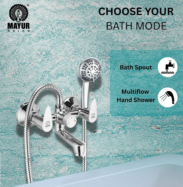 MAYUR_ÖCICH_Brass_Wall_Mixer_Tap_For_Bathroom_With_5-Function_Hand_Shower,_1.5M_Ss_Hose_&_Hook_(Fusion)_|_Chrome_Finish_Hot_&_Cold_Water_Mixer,_Wall_Mounted,_10-Year_Warranty
