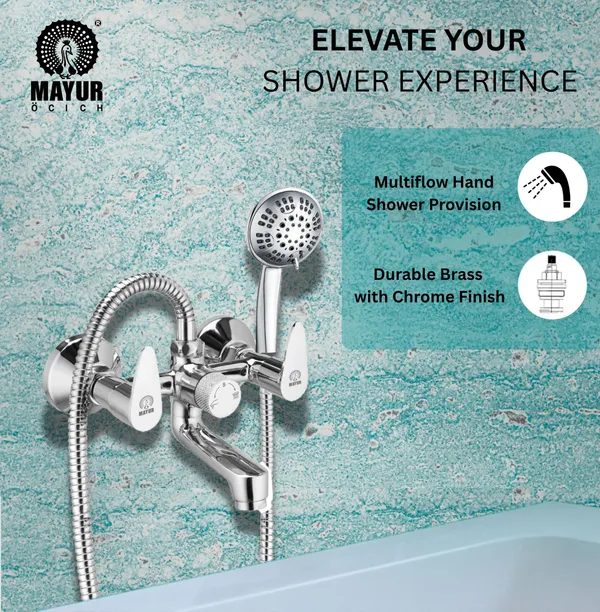 MAYUR_ÖCICH_Brass_Wall_Mixer_Tap_For_Bathroom_With_5-Function_Hand_Shower,_1.5M_Ss_Hose_&_Hook_(Fusion)_|_Chrome_Finish_Hot_&_Cold_Water_Mixer,_Wall_Mounted,_10-Year_Warranty