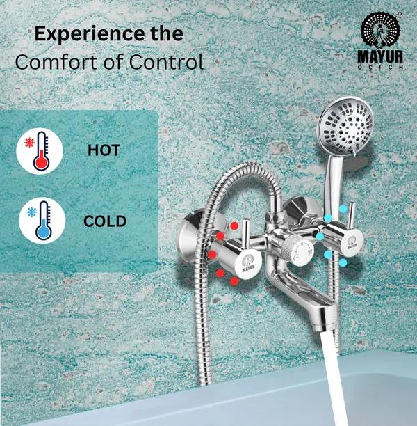 MAYUR_ÖCICH_Brass_Wall_Mixer_Tap_For_Bathroom_With_5-Function_Hand_Shower,_1.5M_Ss_Hose_&_Hook_(FLARE)_|_Chrome_Finish_Hot_&_Cold_Water_Mixer,_Wall_Mounted,_10-Year_Warranty