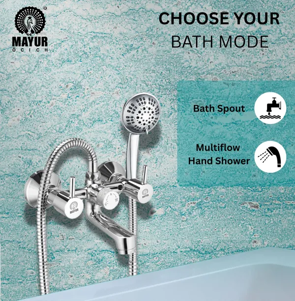 MAYUR_ÖCICH_Brass_Wall_Mixer_Tap_For_Bathroom_With_5-Function_Hand_Shower,_1.5M_Ss_Hose_&_Hook_(FLARE)_|_Chrome_Finish_Hot_&_Cold_Water_Mixer,_Wall_Mounted,_10-Year_Warranty