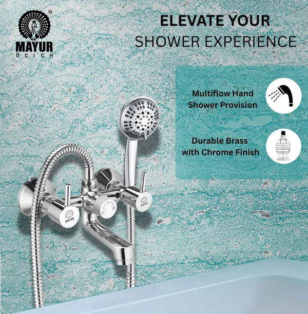 MAYUR_ÖCICH_Brass_Wall_Mixer_Tap_For_Bathroom_With_5-Function_Hand_Shower,_1.5M_Ss_Hose_&_Hook_(FLARE)_|_Chrome_Finish_Hot_&_Cold_Water_Mixer,_Wall_Mounted,_10-Year_Warranty