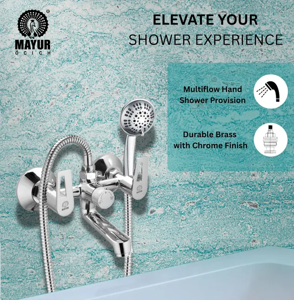 MAYUR_ÖCICH_Brass_Wall_Mixer_Tap_For_Bathroom_With_5-Function_Hand_Shower,_1.5M_Ss_Hose_&_Hook_(ARIA)_|_Chrome_Finish_Hot_&_Cold_Water_Mixer,_Wall_Mounted,_10-Year_Warranty