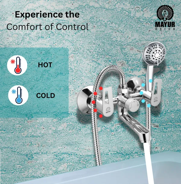 MAYUR_ÖCICH_Brass_Wall_Mixer_Tap_For_Bathroom_With_5-Function_Hand_Shower,_1.5M_Ss_Hose_&_Hook_(ARIA)_|_Chrome_Finish_Hot_&_Cold_Water_Mixer,_Wall_Mounted,_10-Year_Warranty