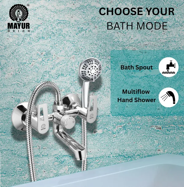 MAYUR_ÖCICH_Brass_Wall_Mixer_Tap_For_Bathroom_With_5-Function_Hand_Shower,_1.5M_Ss_Hose_&_Hook_(ARIA)_|_Chrome_Finish_Hot_&_Cold_Water_Mixer,_Wall_Mounted,_10-Year_Warranty
