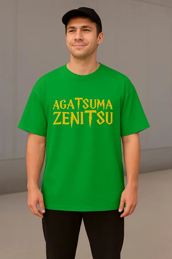 Bright_Green_Cotton_Graphic_"Agatsuma_Zenitsu_-_Demon_Slayer"_Oversized_Fit_T-Shirt