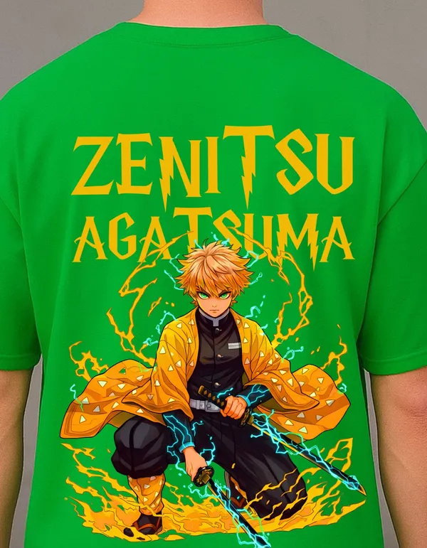 Bright_Green_Cotton_Graphic_"Agatsuma_Zenitsu_-_Demon_Slayer"_Oversized_Fit_T-Shirt