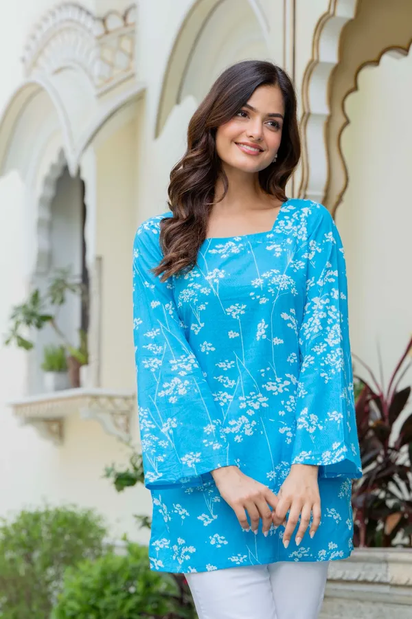 Aqua_Blue_Pure_Cotton_Short_Kurti_With_Back_Dori