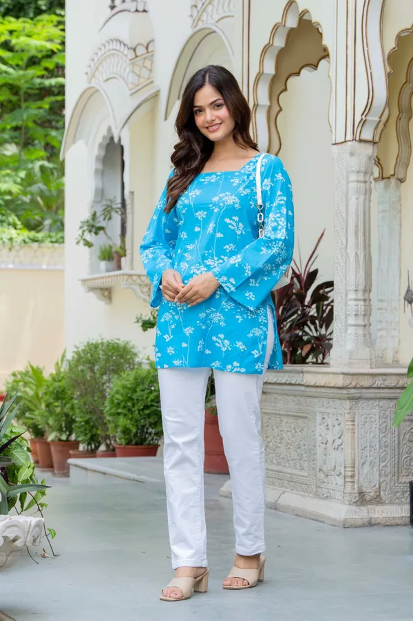 Aqua_Blue_Pure_Cotton_Short_Kurti_With_Back_Dori
